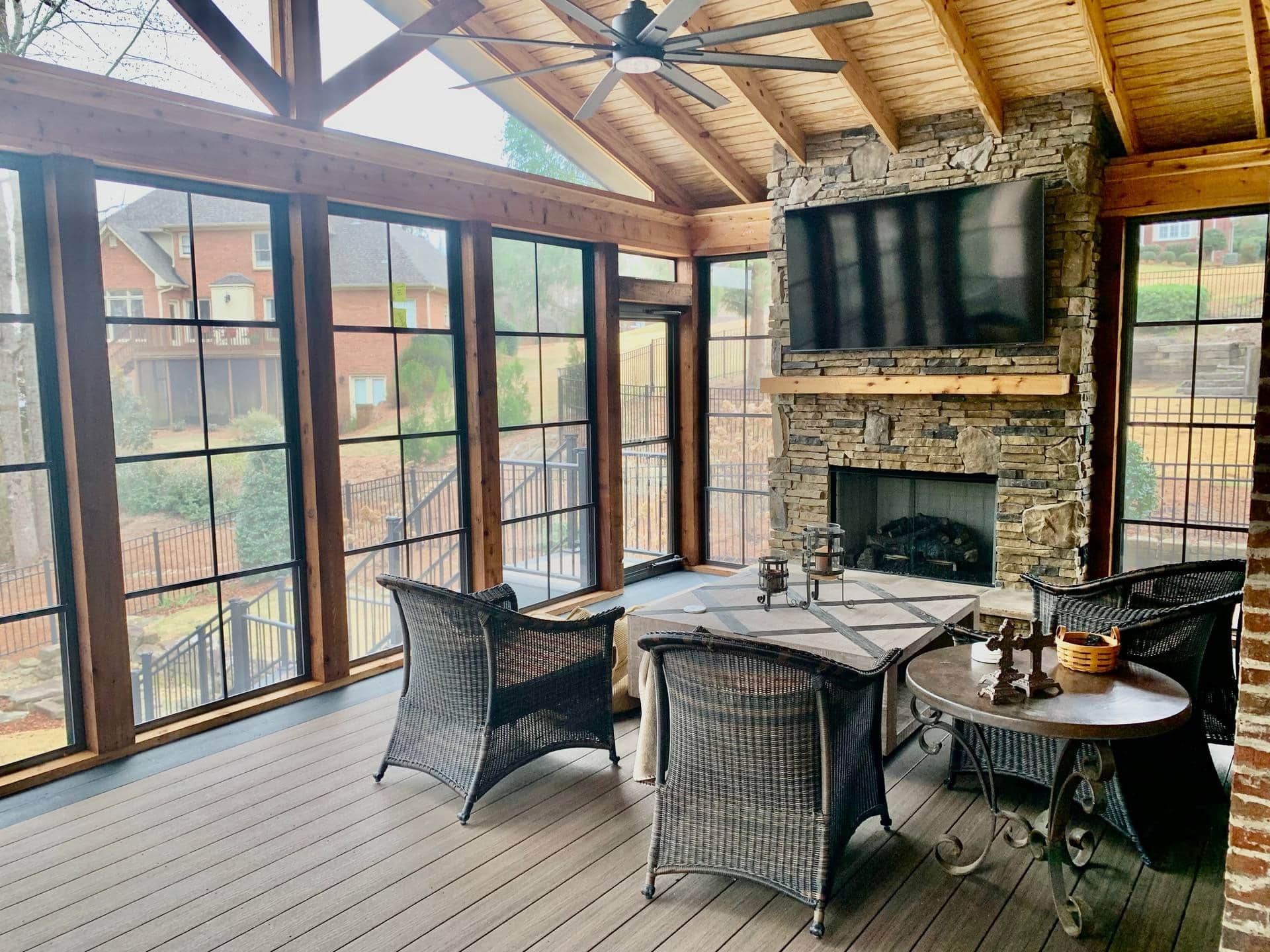 Trex Composite Decking Eze Breeze Windows Stone Fireplace Screen Porch by Alabama